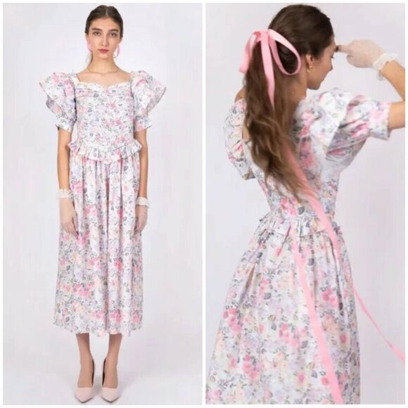 💕LAURA ASHLEY x BATSHEVA💕 Eden Dress ~ Quartet Cream Floral Print 2 NWOT - Picture 1 of 16